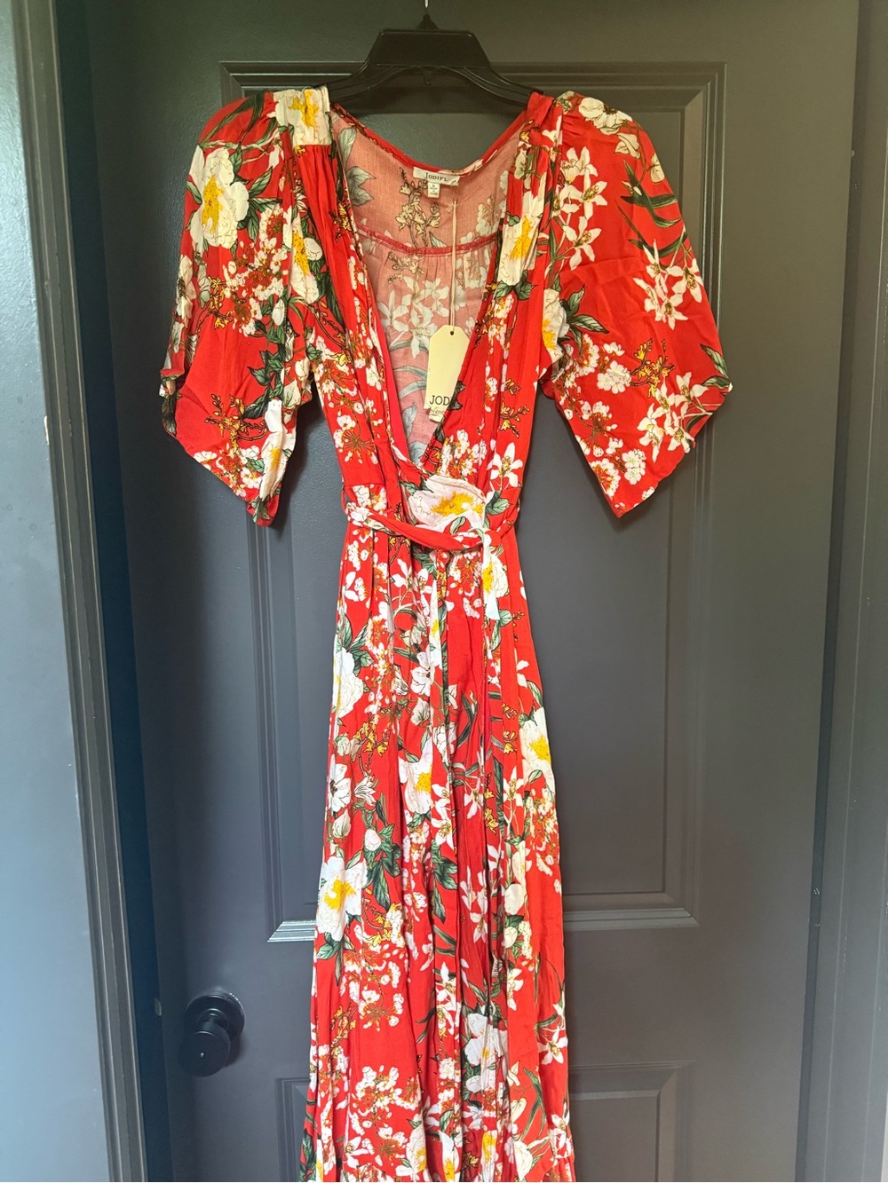 Red Floral Wrap Maxi Dress with Puff Sleeves